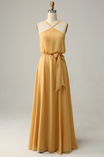 En Line Halter Yellow Long Brudepigekjole med Bowknot